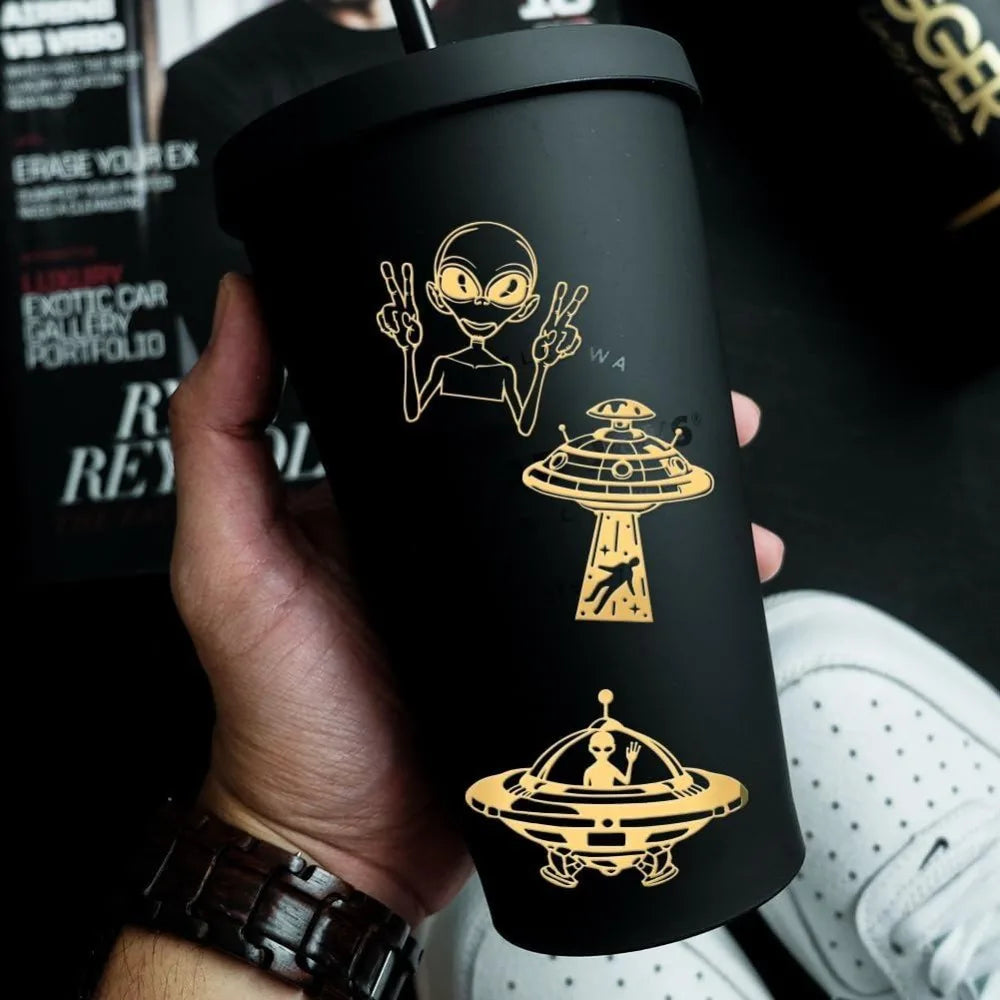 9-Piece Golden Metal Alien Stickers – Space UFO Epoxy DIY