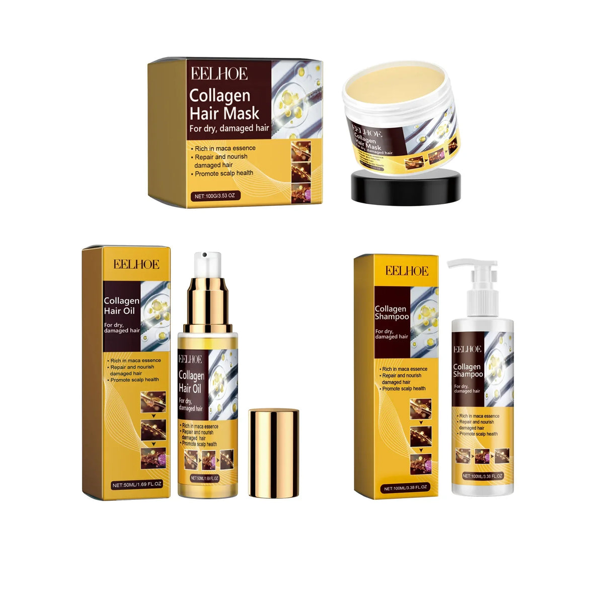 EELHOE Collagen Hair Care Kit – Mask, Shampoo & Oil Set
