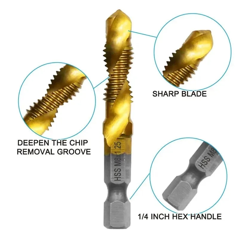 6-Piece HSS Titanium Tap & Drill Integrated Set | Gold Coat