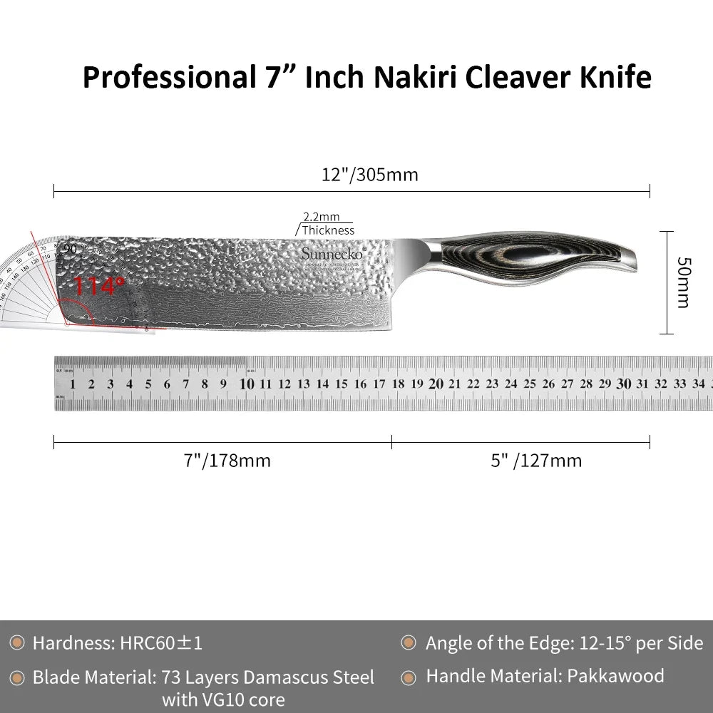 Sunnecko 7" Nakiri Knife VG10 Damascus Steel Kitchen Cleaver