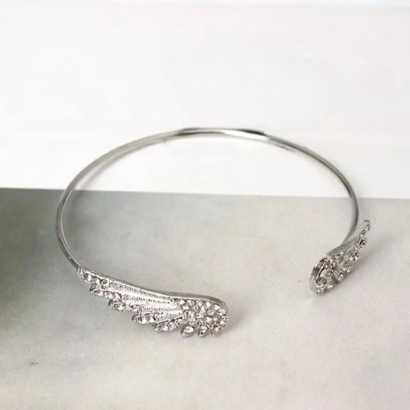 Angel Wings Silver Open Bangle Bracelet – Adjustable Women's Cuff