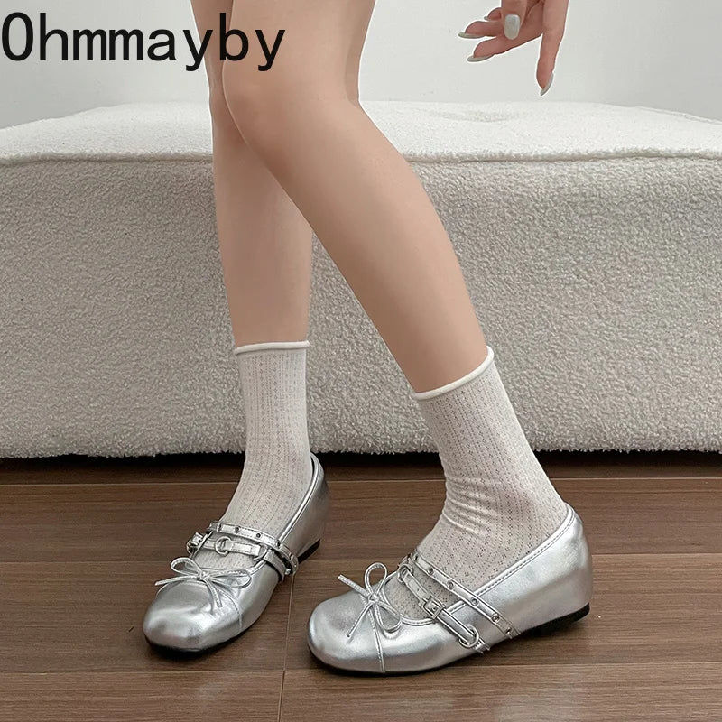 Women's Silver Mary Jane Hidden Wedge Shoes – Bow Buckle