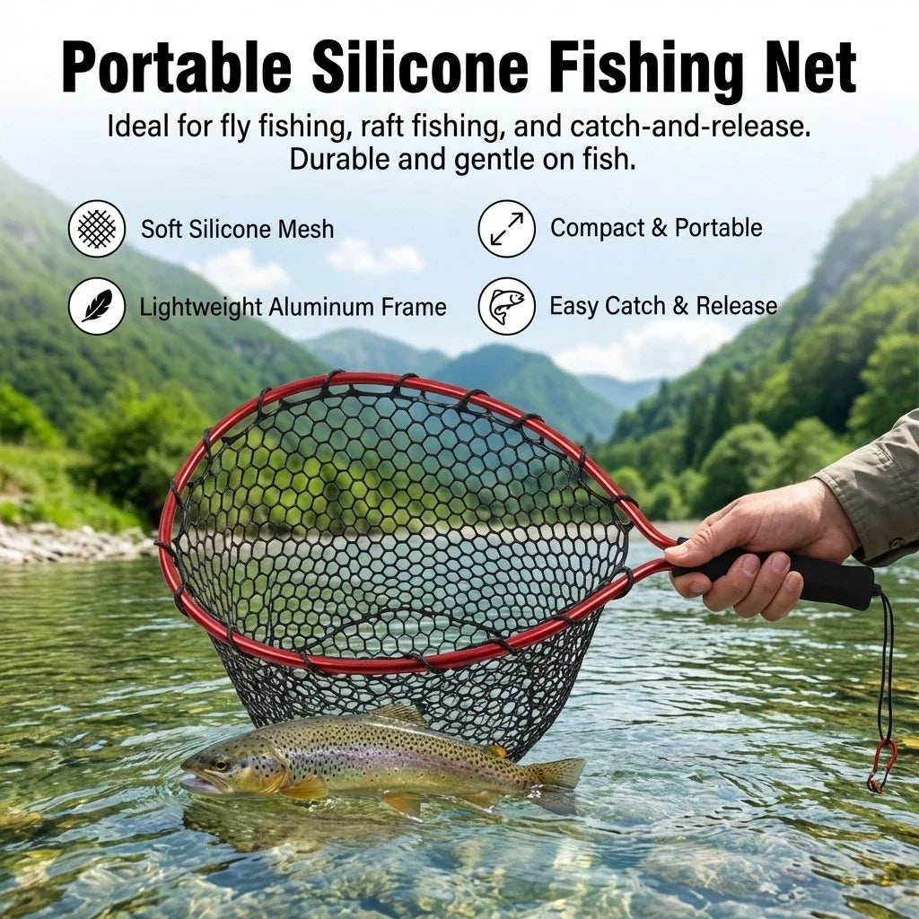 Foldable Aluminum Fishing Net | Silicone Mesh 37x31cm