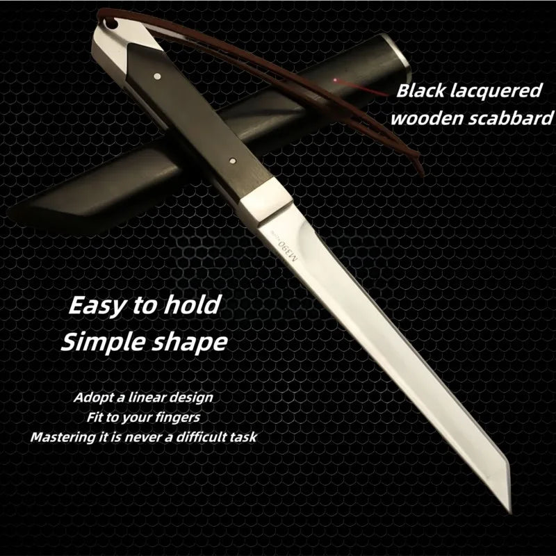 M390 Steel Fixed Blade Knife – Ebony Handle & Leather Scabbard