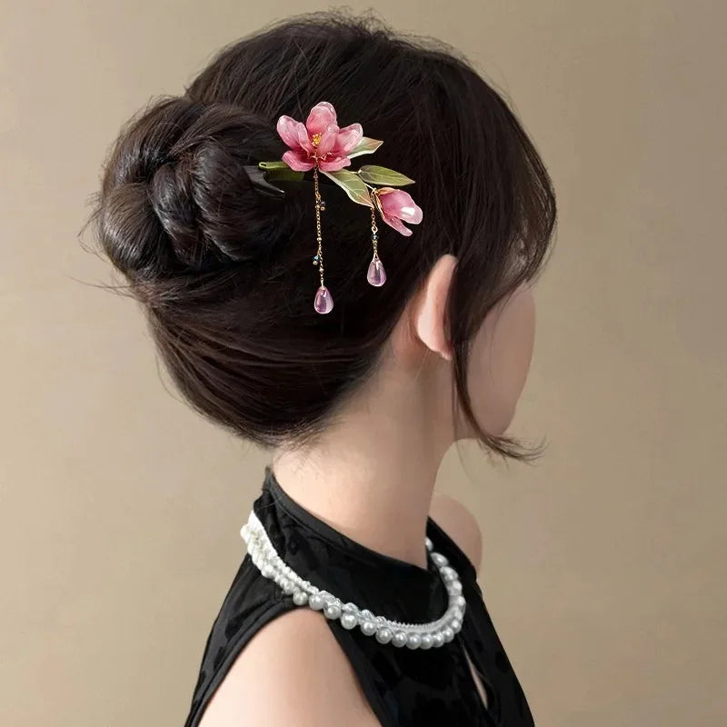 Chinese Floral Hair Stick – Pink Flower Tassel Hanfu Hairpin