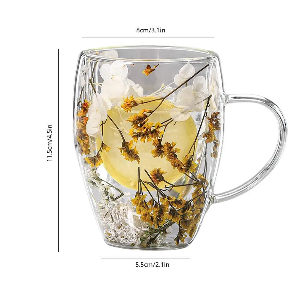 Double Wall Glass Cup Dried Flowers Anti-scalding Mug Coffee Milk