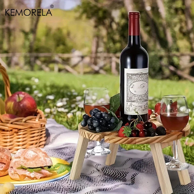 KEMORELA Wooden Folding Picnic Table – Portable Snack & Wine Tray
