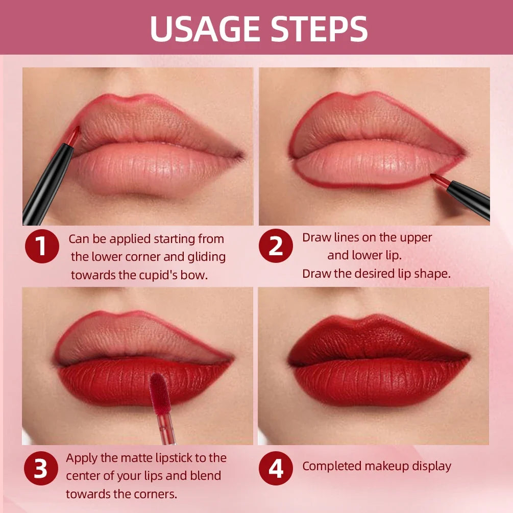 QiBest 2-in-1 Lip Liner & Gloss Pen – 6 Colors, Matte