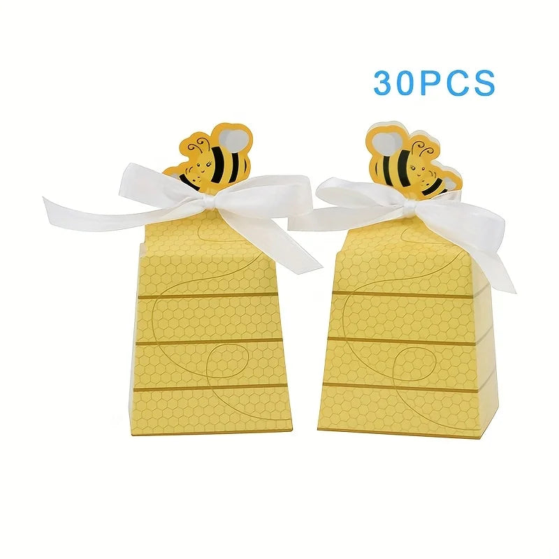 30 Bee Design Paper Gift Boxes with Ribbon Bows | Party Candy Boxes