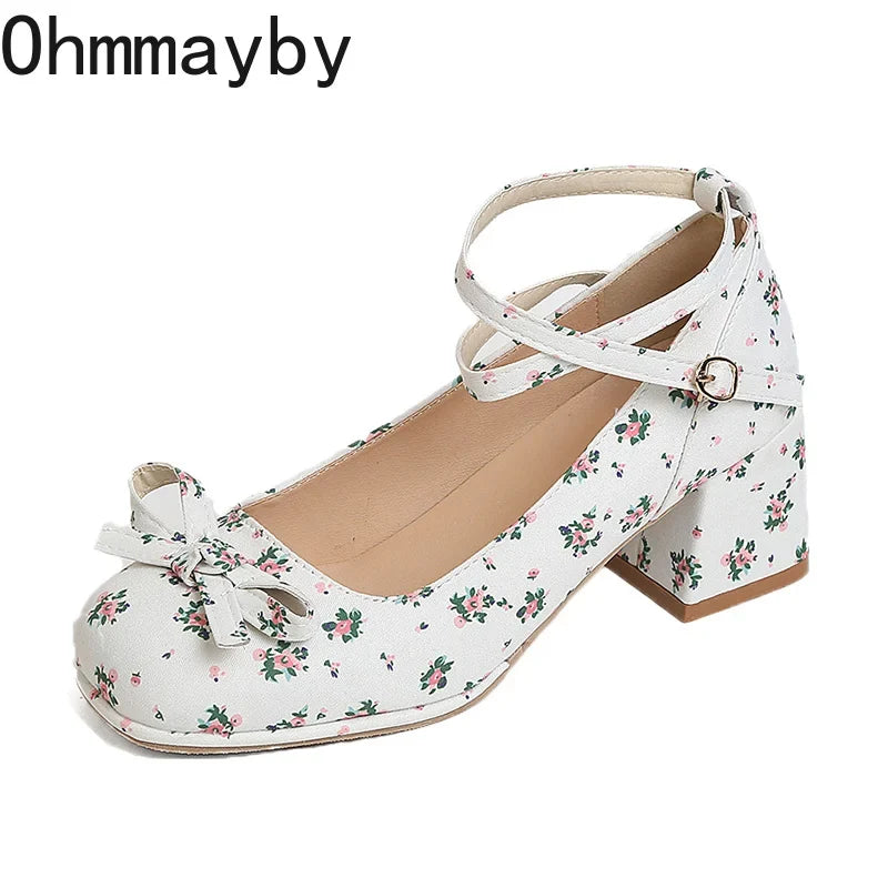 Women's Floral Mary Jane Block Heel Pumps – Bow Ankle Strap