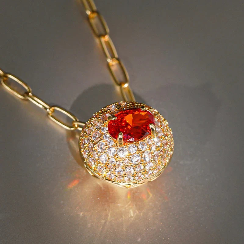 Huitan Orange Red CZ Oval Pendant Necklace | Paperclip Chain