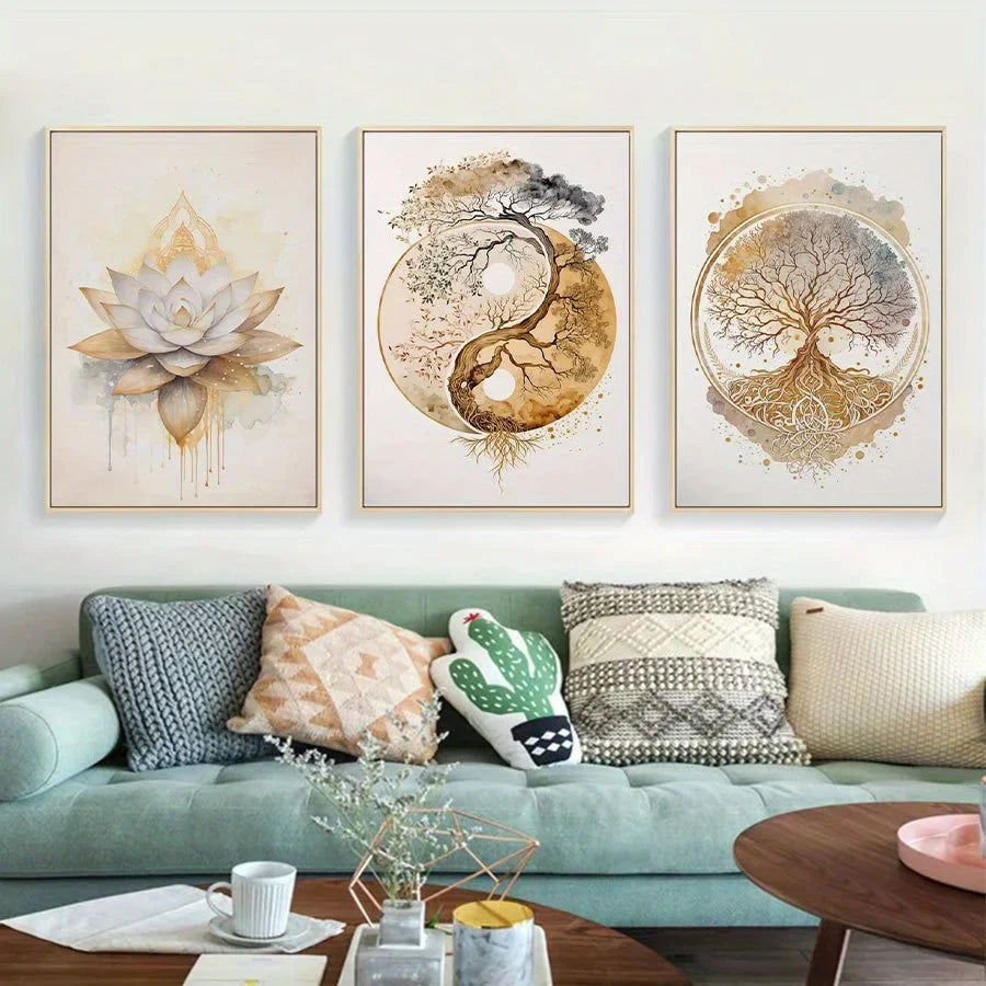 3-Piece Bohemian Lotus & Tree of Life Canvas Wall Art Prints