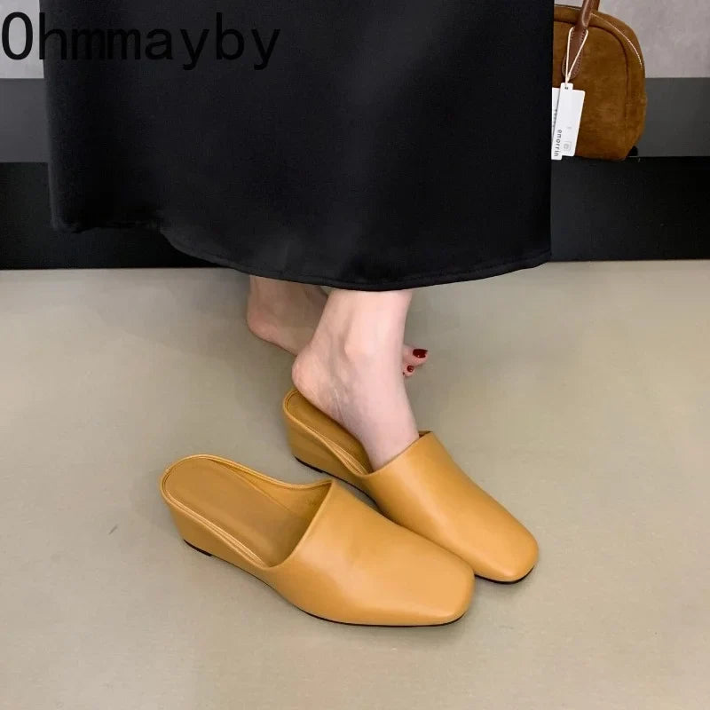 Women's Wedge Heel Mules – Square Toe Slip-On Slide Sandals