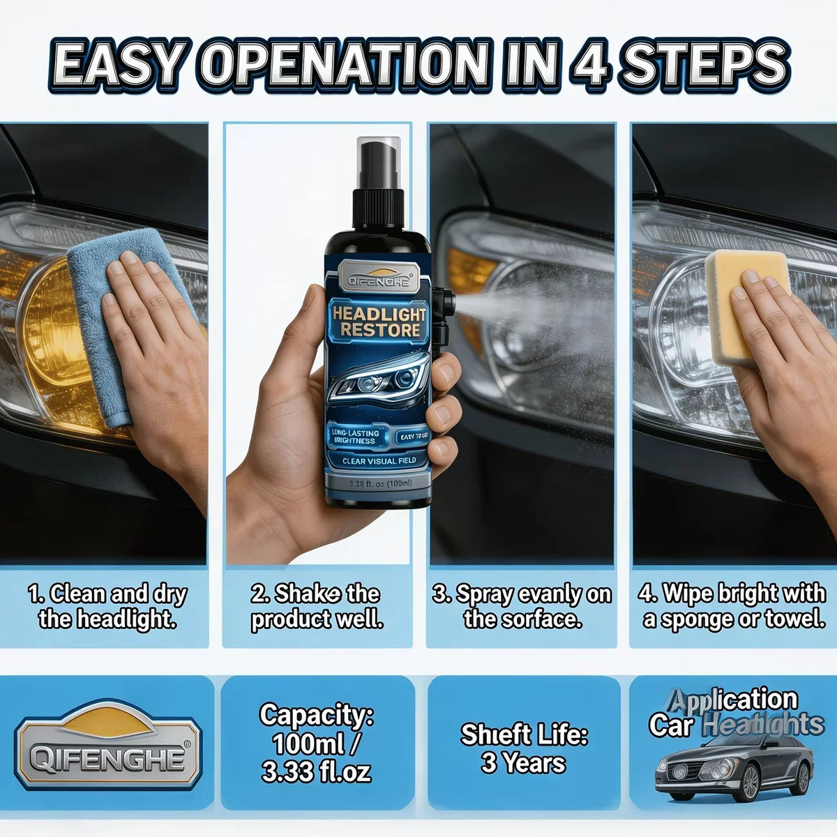 Car Headlight Restoration Kit – Restore Spray & Polish 100ml
