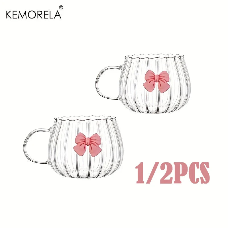 Glass Pumpkin Coffee Mugs with Pink Bows & Handle | 1–2 Pack
