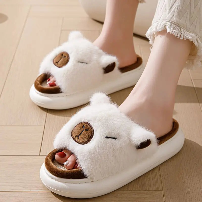 Women's Fluffy Faux Fur Animal Slippers – Open Toe Indoor Slides