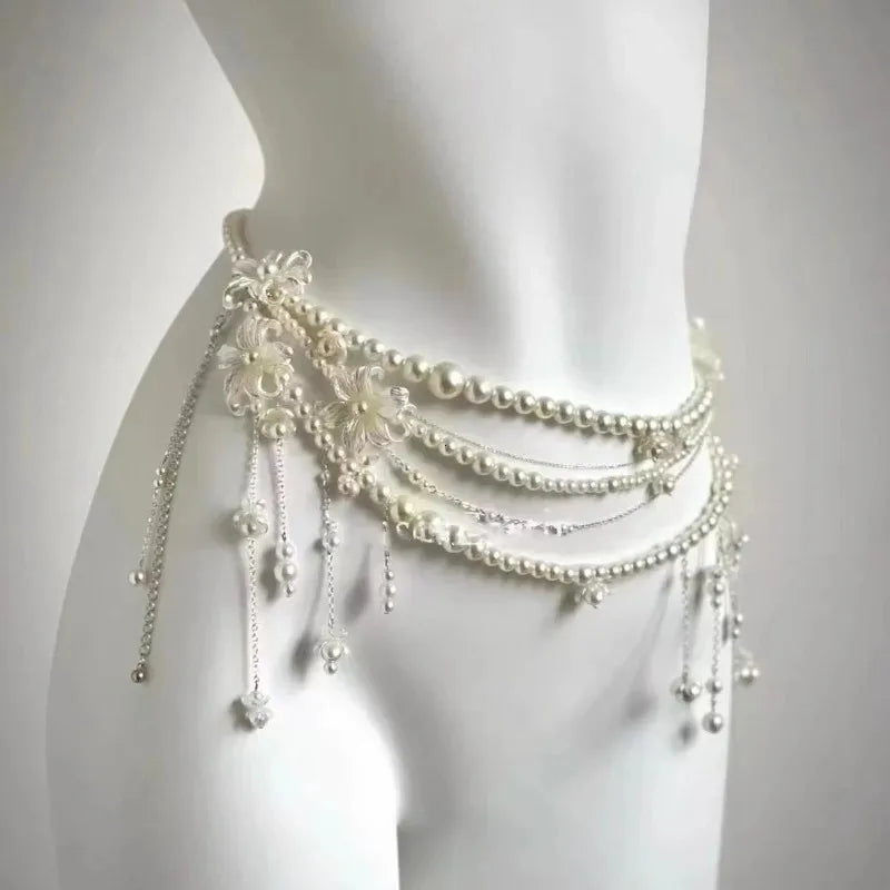 Multilayer Pearl Waist Chain Belt – Y2K Retro Women's Fashion