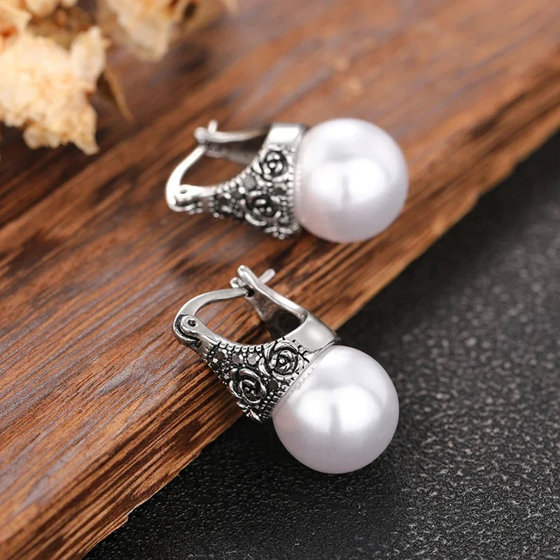 Huitan Vintage Simulated Pearl Drop Earrings | Rhinestone Jewelry