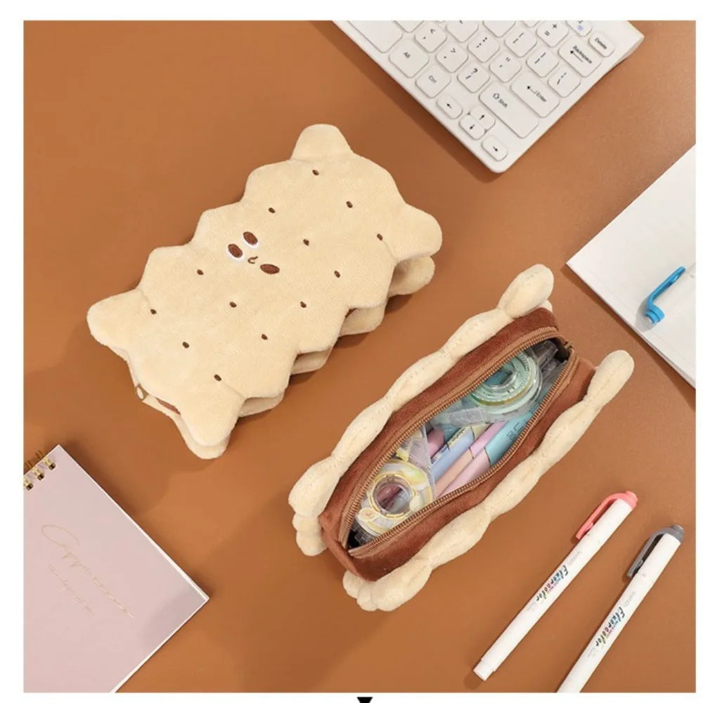 Kawaii Pencil Case Capacity Plush Cookies Pen Bags Cute Cartoon Brown