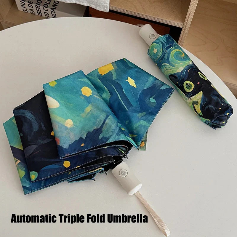 Green Cartoon Cat Folding Umbrella – UV & Rain Protection