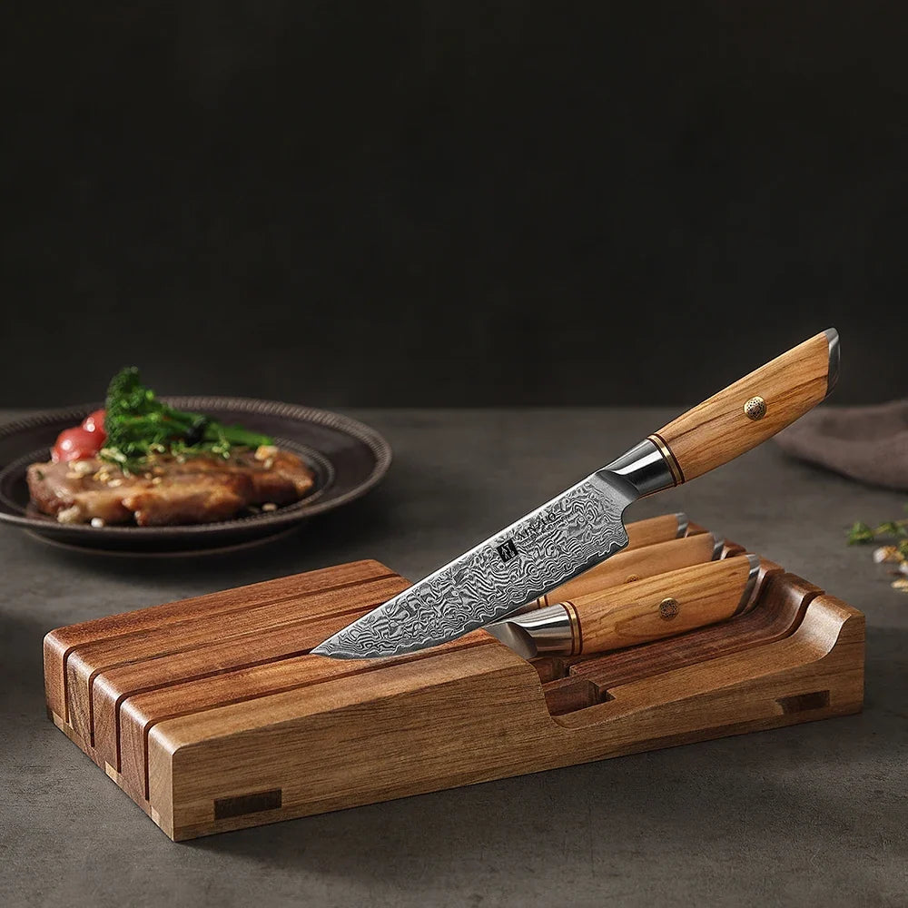 XINZUO 5-Pc Damascus Steak Knife Set | Olive Wood & Acacia Tray