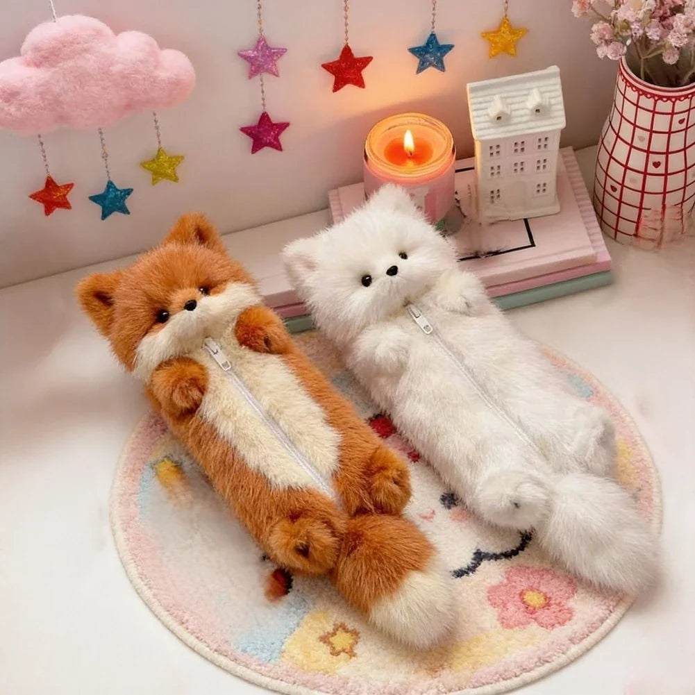 Plush Fox Pencil Case – Large Capacity Animal Stationery Pouch
