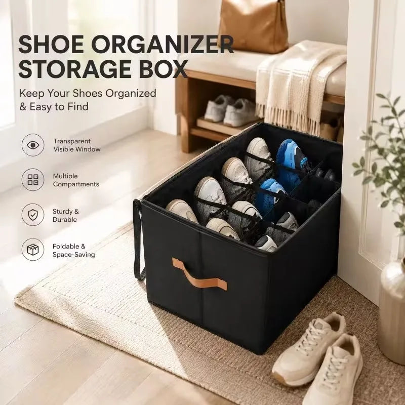 12-Grid Foldable Shoe Organizer Clear Window Handle Collapsible