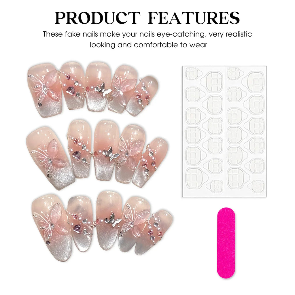 Press On Nails Pink Butterfly French Cat Eye | 10pcs Full Cover