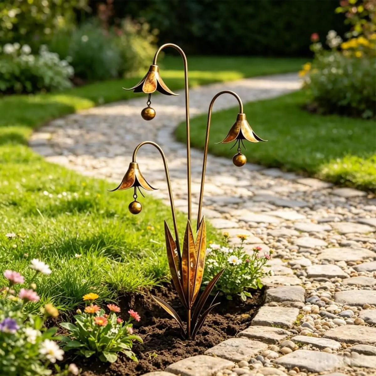 Metal Flower Garden Stake with Bell | Decorative Yard Lawn Art