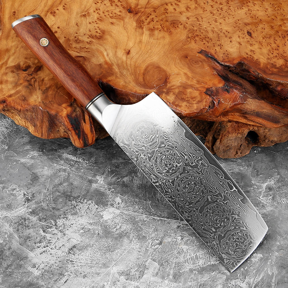 Damascus Nakiri Knife 7" Rosewood Handle | Japanese Vegetable Knife