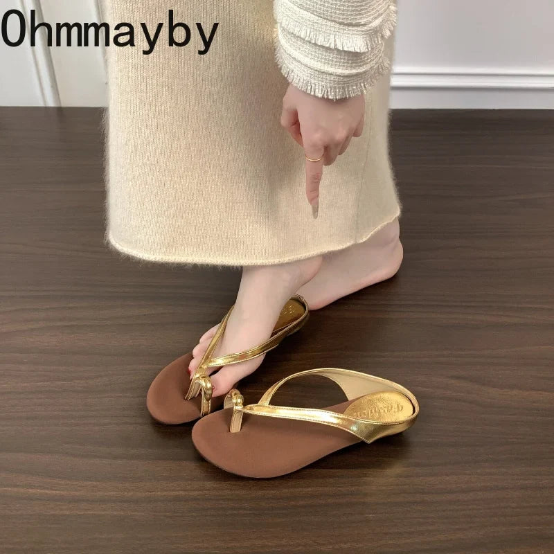 Women's T-Strap Low Heel Slides – Metal Clip Toe Summer Sandals