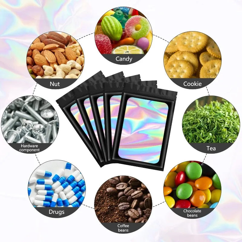 500 Pcs Holographic Ziplock Bags – Laser Iridescent Jewelry Storage