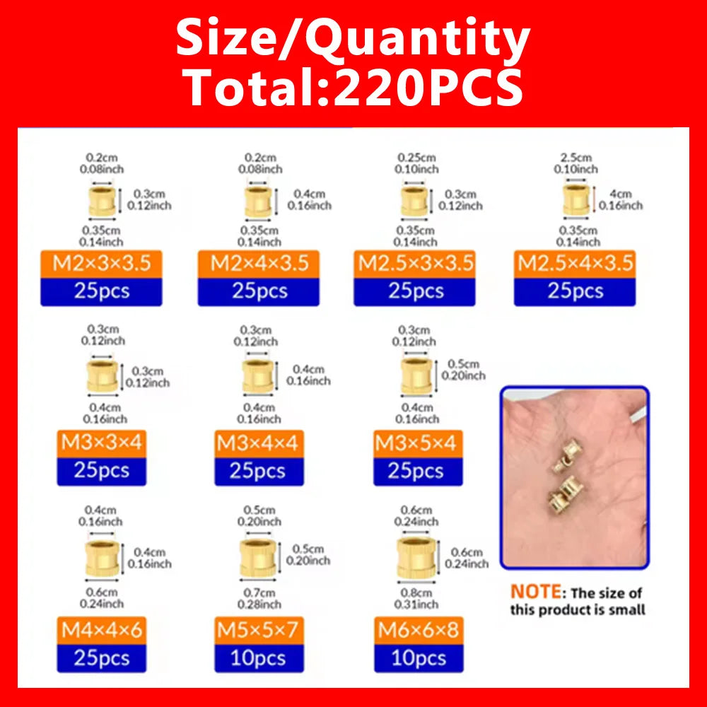 220 PCS Brass Heat Insert Nuts M2–M6 Knurled Embedment Kit