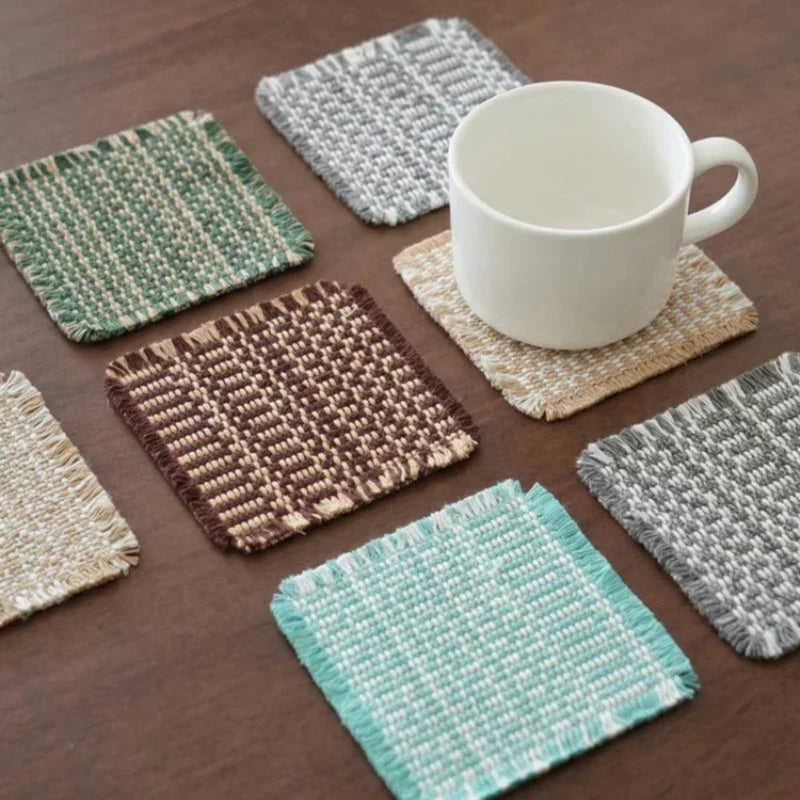 Vintage-inspired Tassel-trimmed Woven Coasters Checkered Square