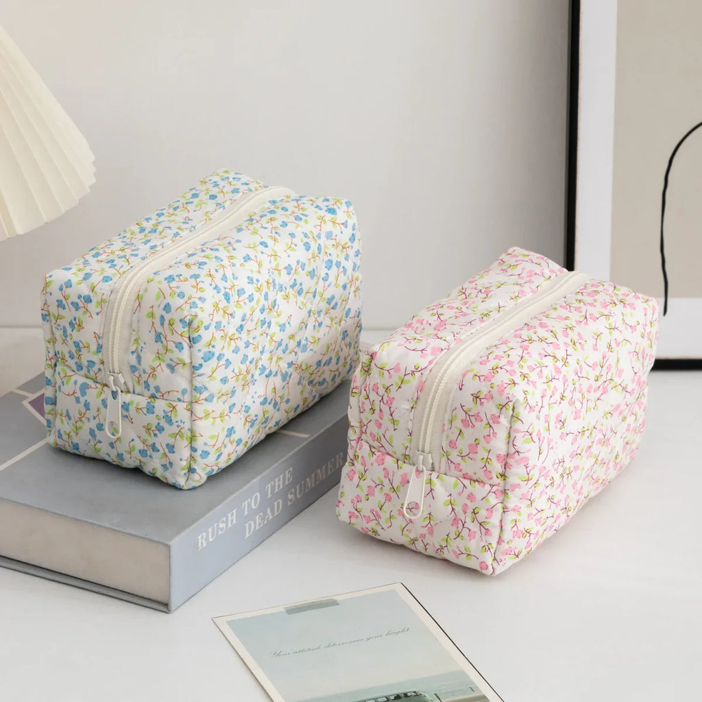 Floral Puffy Quilted Large Makeup Bag Travel Cosmetic Pouch Flower