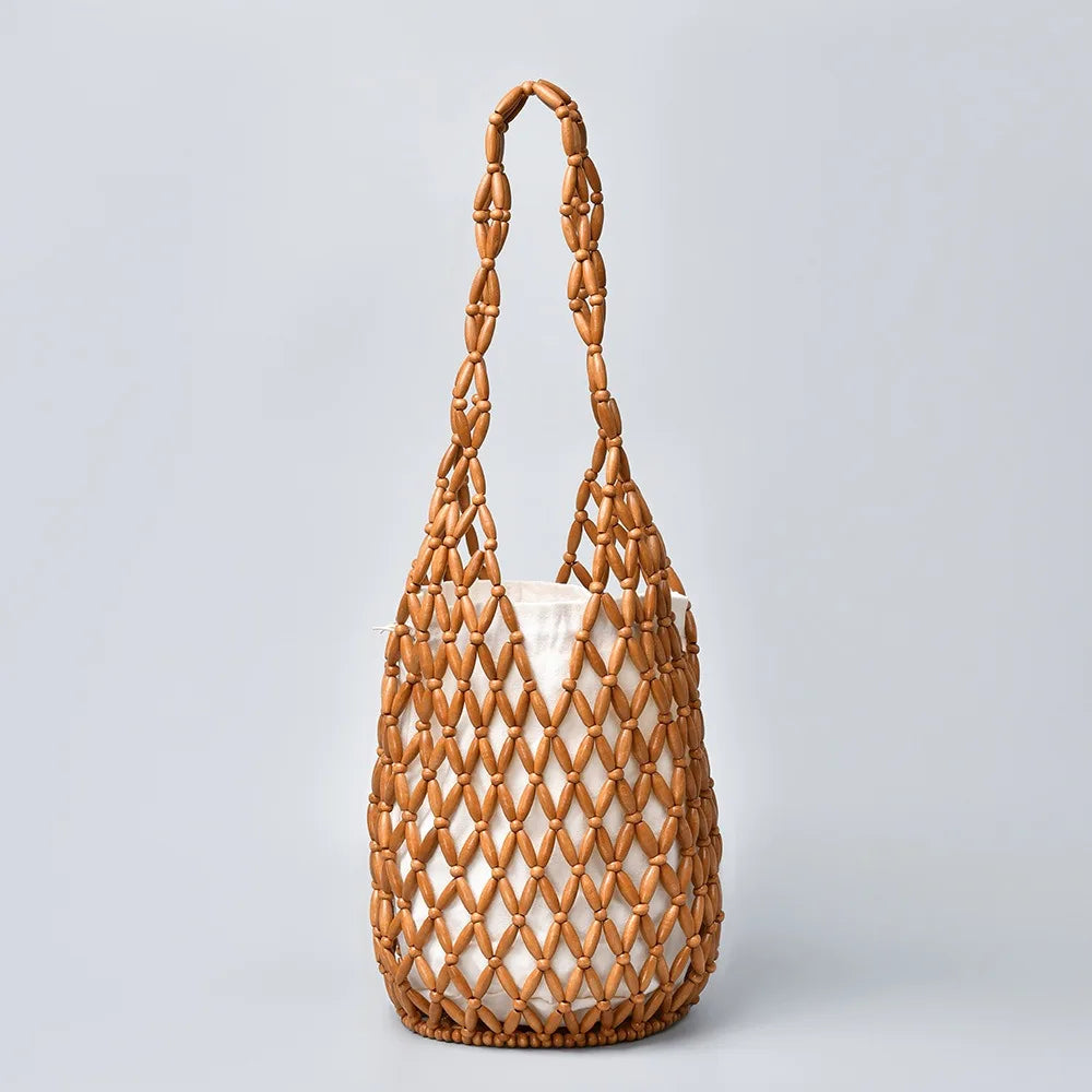 Women's Woven Wooden Bead Tote Bag – Hollow-Out Bucket Shoulder