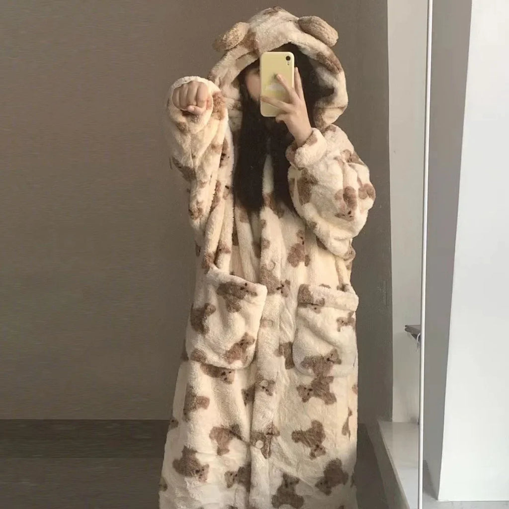 Women's Hooded Flannel Pyjama Set – Cute Bear Fluffy Robe