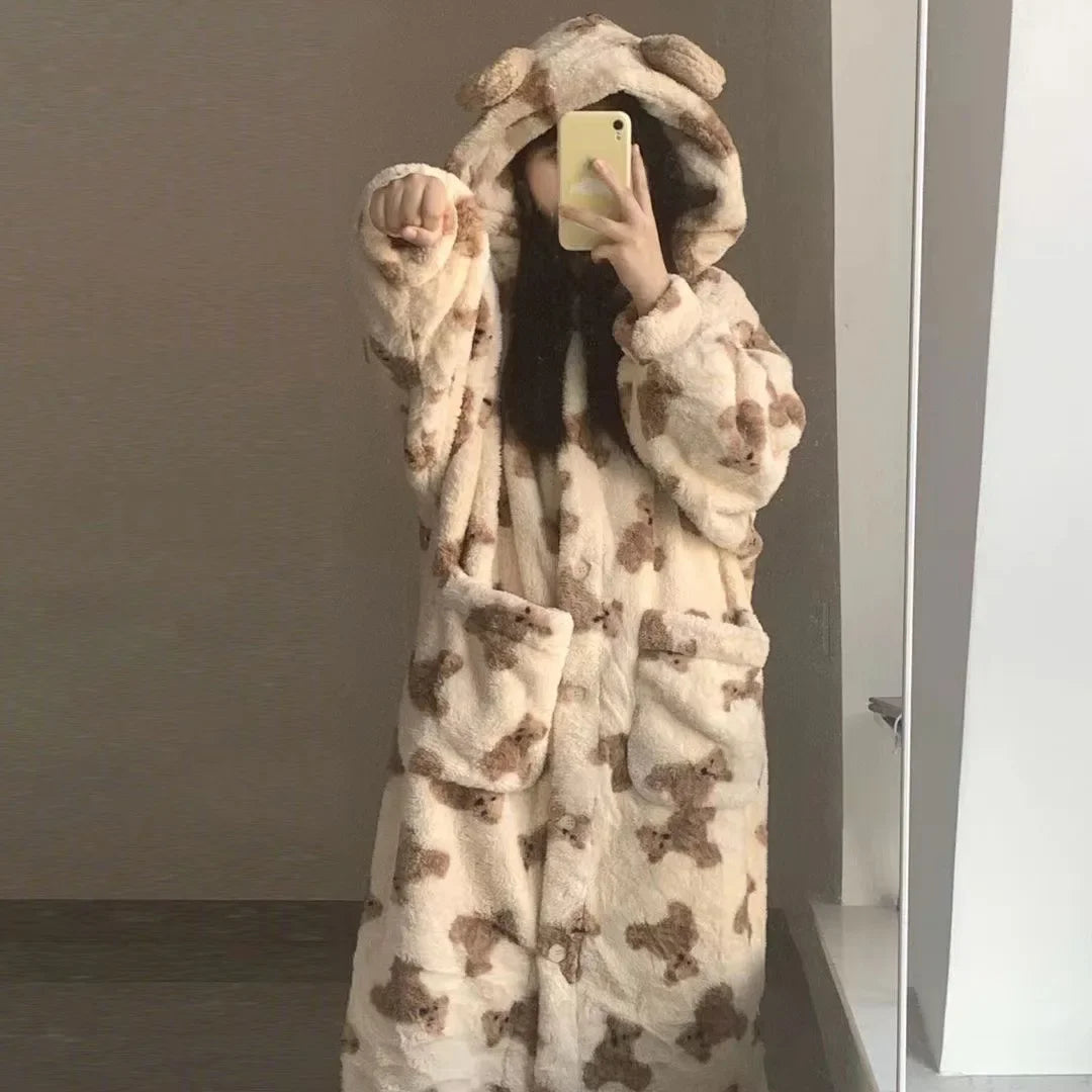 Women's Hooded Flannel Pyjama Set – Cute Bear Fluffy Robe