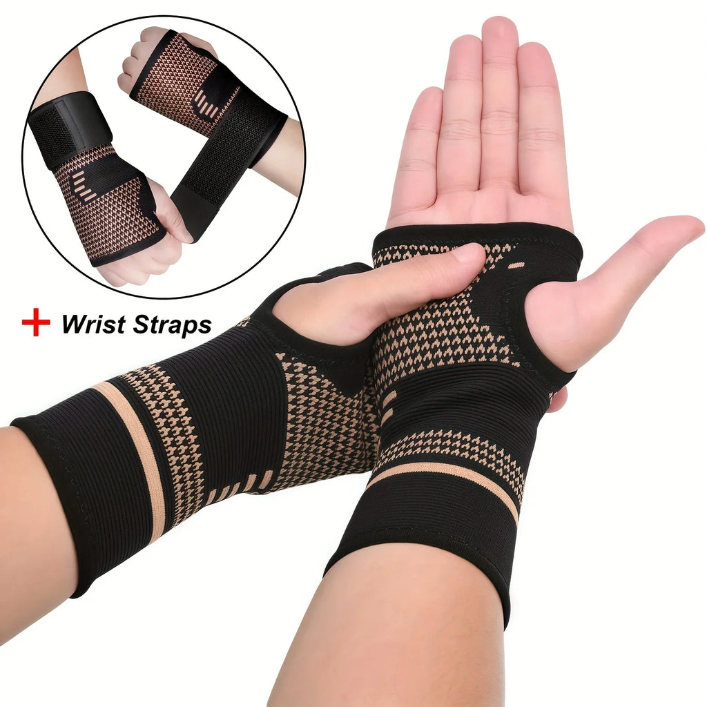 Copper Fiber Wrist Brace Gloves – Adjustable Compression Straps