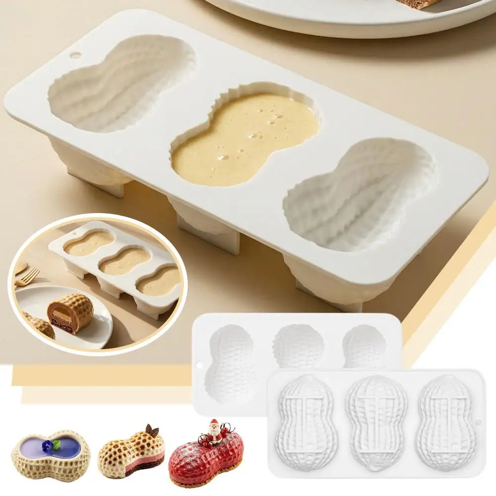 3-Cavity Peanut Silicone Mold – Non-Stick Dessert & Cake Tray