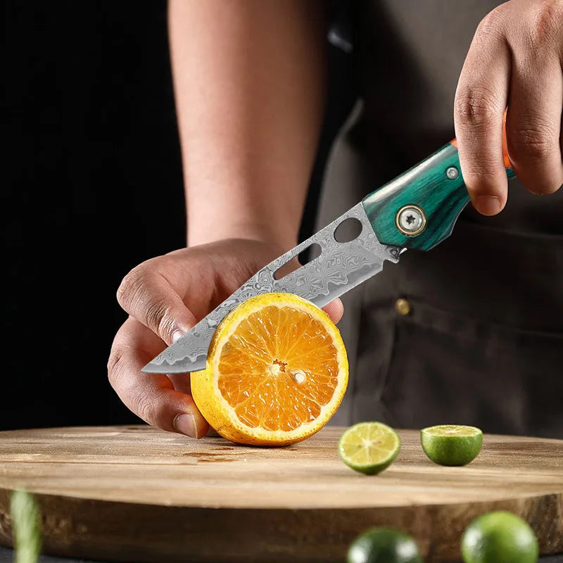 Damascus Steel Folding Knife – Sharp Wood Handle Kitchen Knife