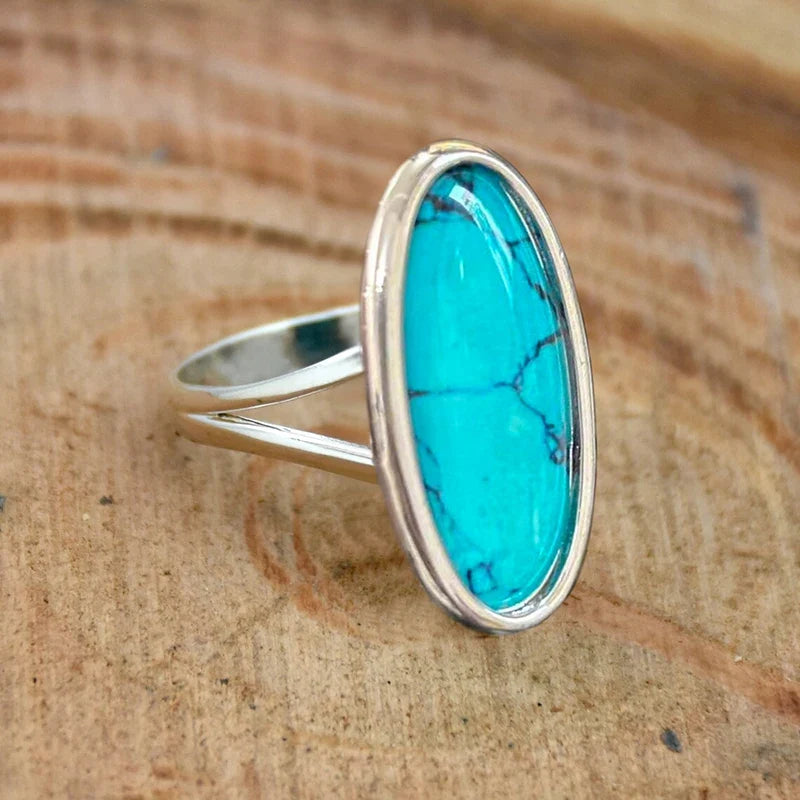 Huitan Oval Turquoise Boho Ring for Women – Vintage Style