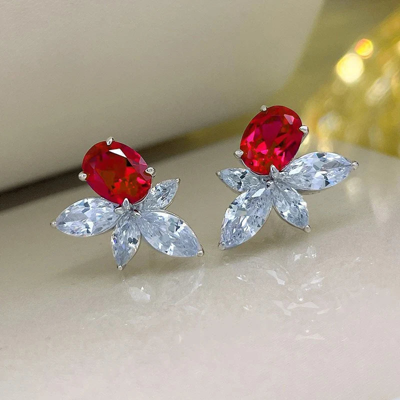 Huitan Red CZ Flower Stud Earrings – Silver-Tone Women's Jewelry