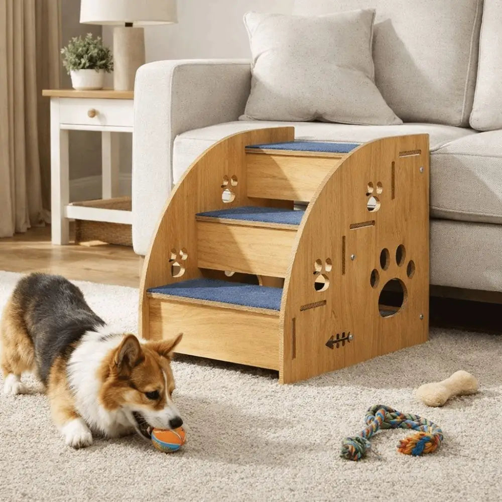 Non-Slip Wooden Dog Stairs with Safety Railing | Pet Steps
