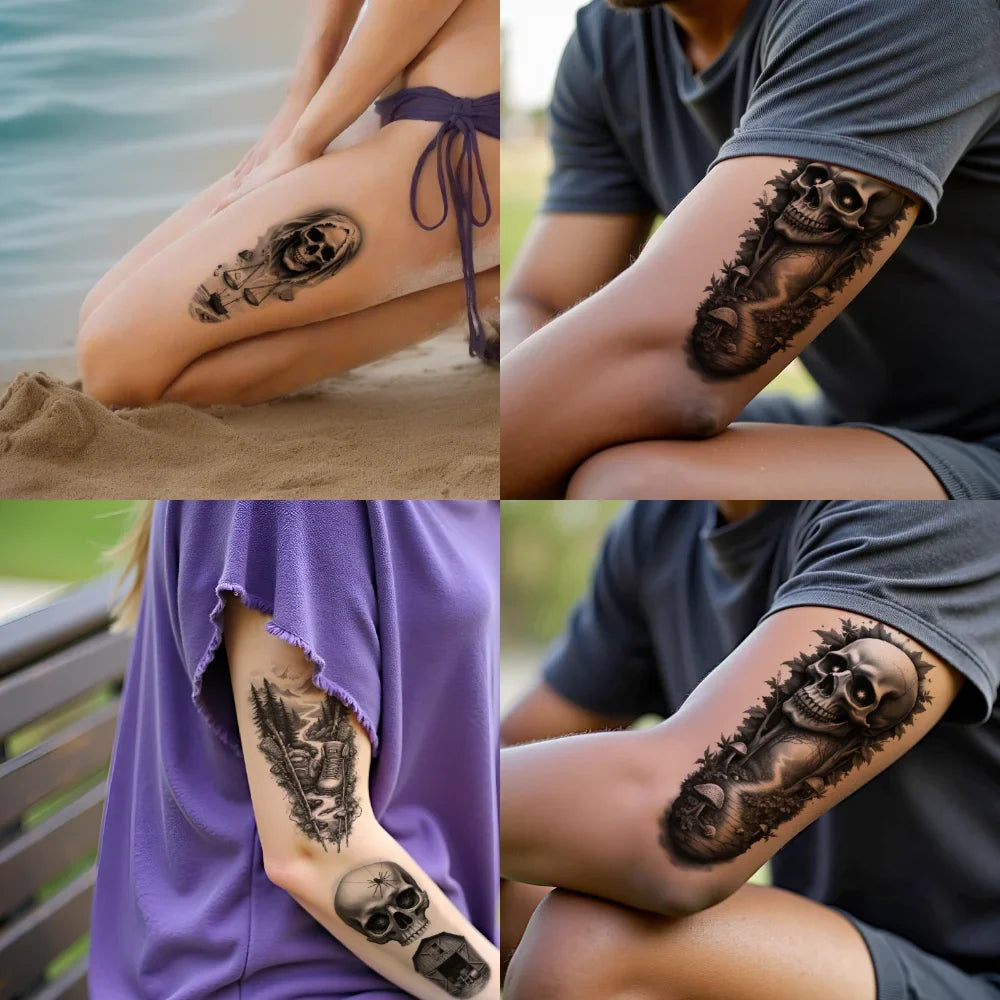 3-Pack Skull & Web Realistic Temporary Tattoos – Black & Grey