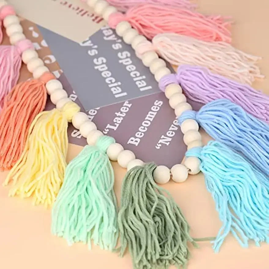 Rainbow Tassel Garland Colorful Pom Wood Bead Easter Spring Girls