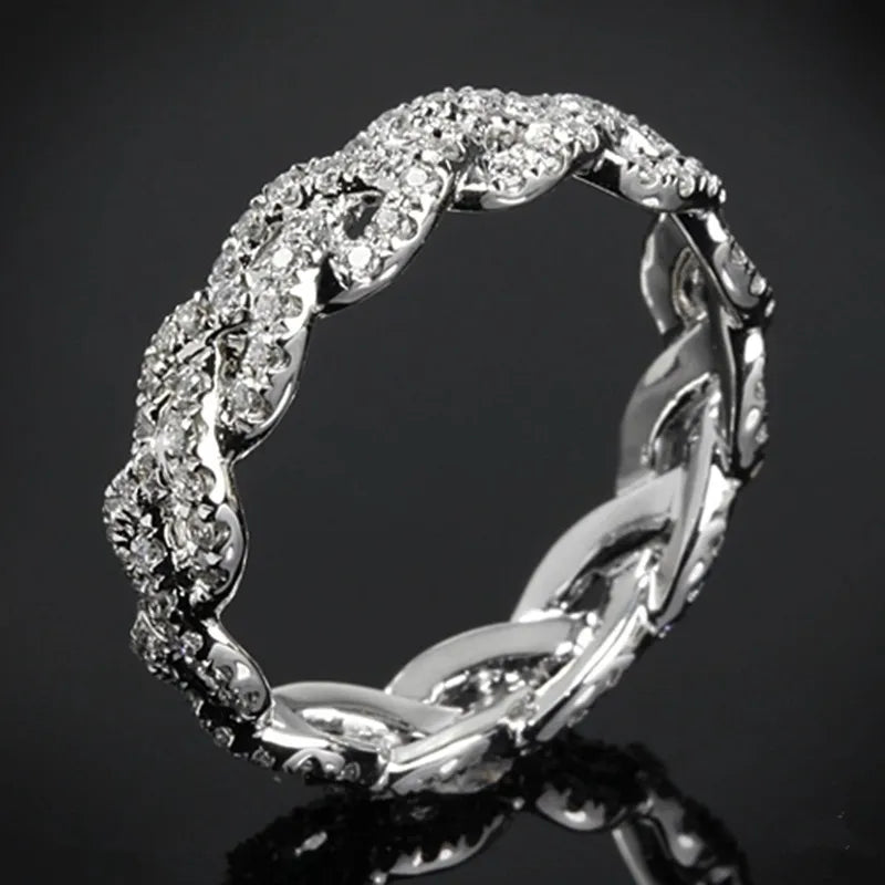 Huitan Twist Ring Women – Silver CZ Full-Pave Wedding Band