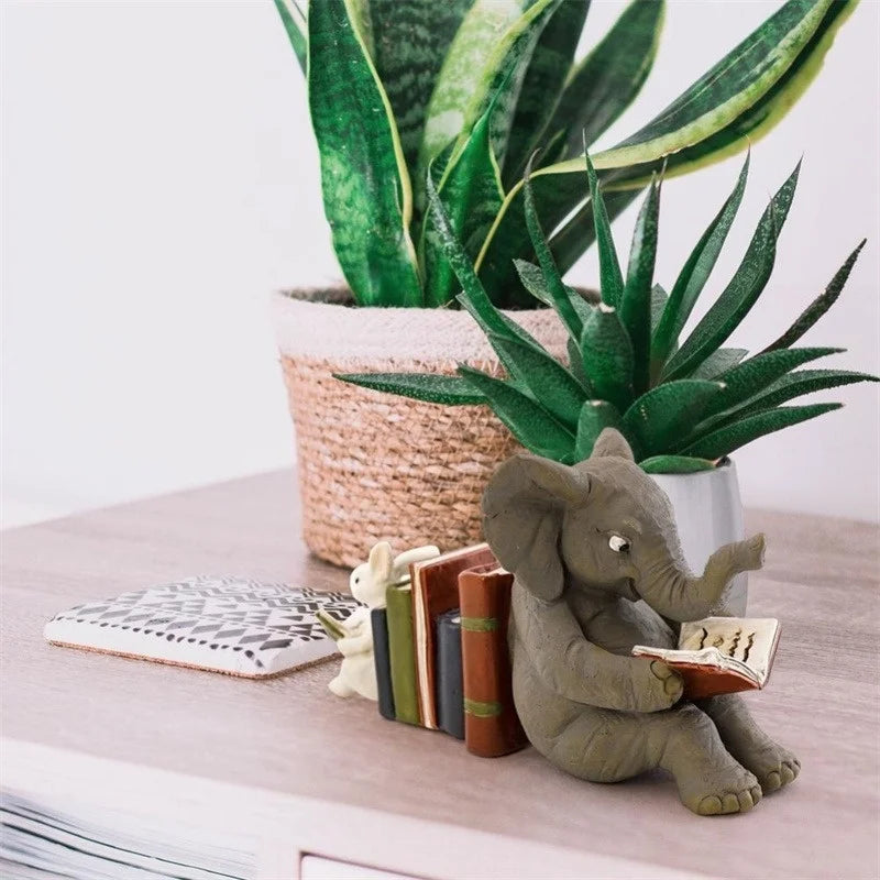Elephant & Rabbit Reading Bookend – Resin Animal Statue Decor