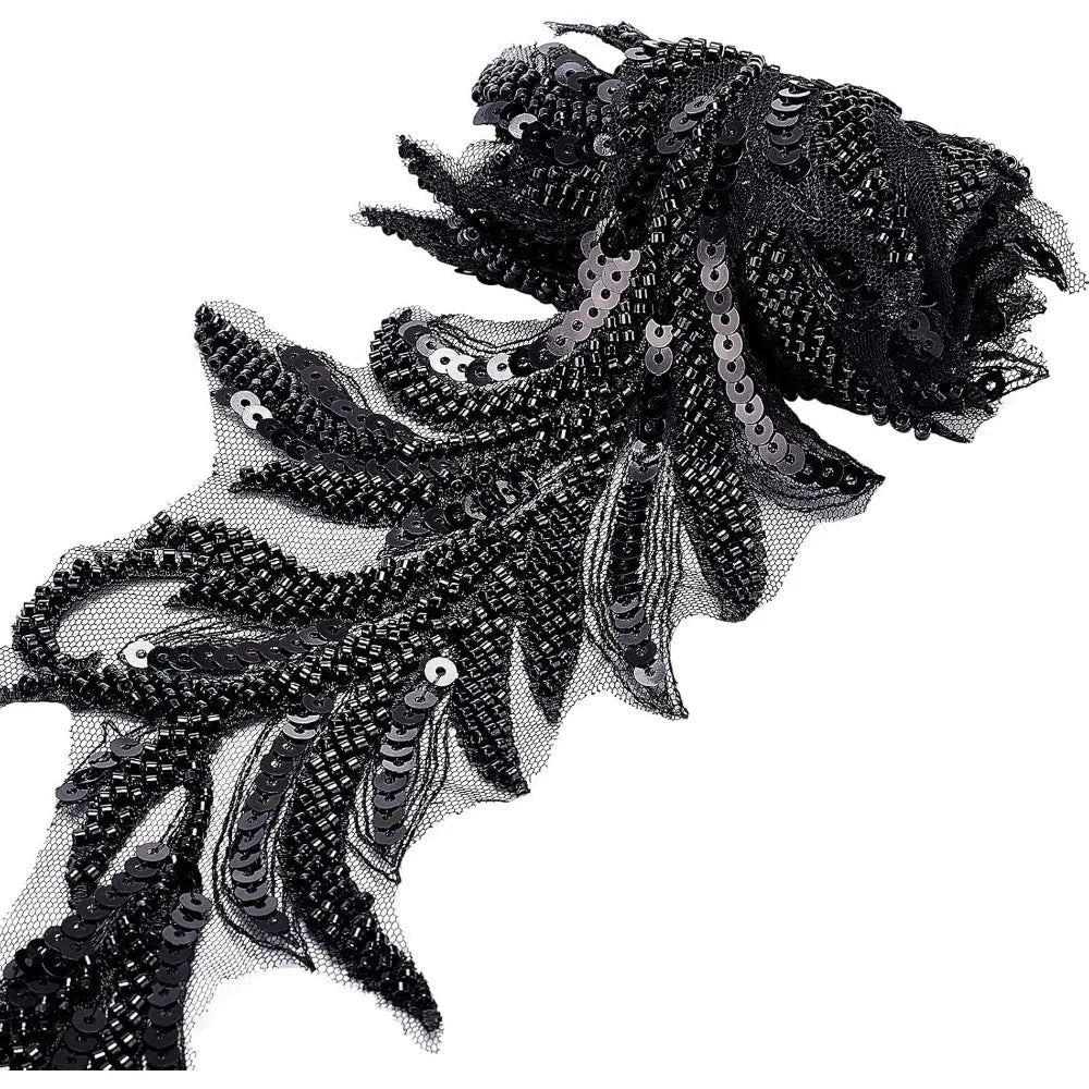 Black Sequin Beaded Lace Trim Ribbon – 1 Yard, 125mm Wide
