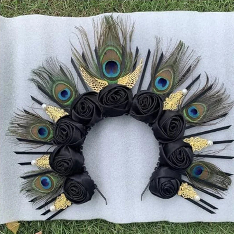 Peacock Feather Gold Halo Crown Headband | Bridal Cosplay Festival